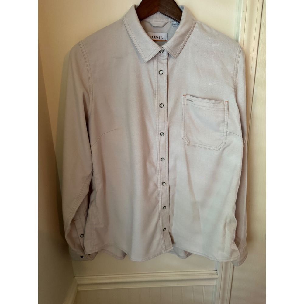 Orvis Womens Long Sleeve Snap Front Shirt Tan Beige Stretch Twill Size L